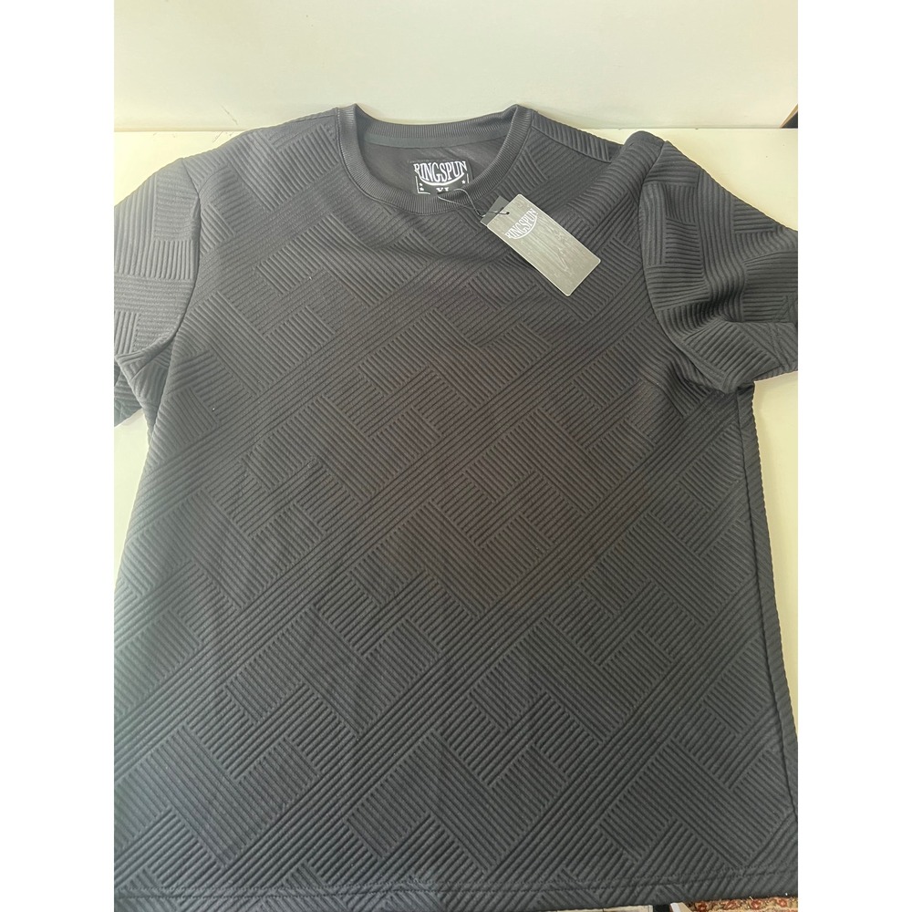Ringspun Mens Textured Knit T-Shirt Black Geometric Short Sleeve XL 351-184-BK